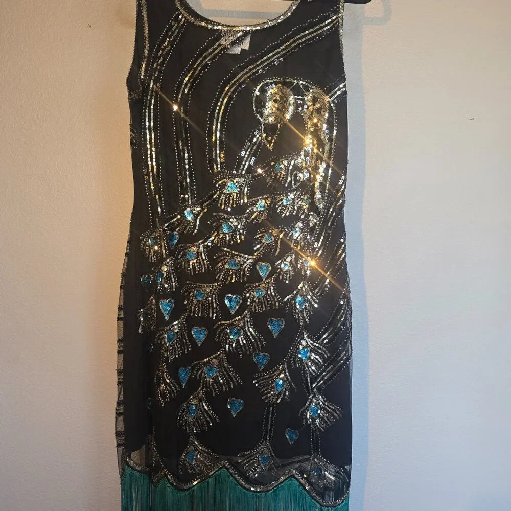 1920s Beaded Peacock Flapper Dress in Black and Green - Picture 2 of 5
